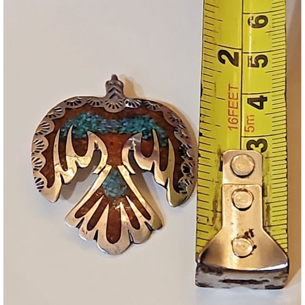 Vintage Navajo Sterling Silver Turquoise & Coral Inlay Pendant - Picture 7 of 7